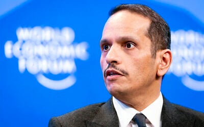 Qatari Prime Minister Mohammed bin Abdulrahman Al Thani speaks on the sideline of the 55th annual meeting of the World Economic Forum (WEF), in Davos on January 21, 2025. (MICHAEL BUHOLZER / POOL / AFP)