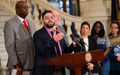 Executive director at CAIR-Philadelphia, Ahmet Tekelioglu, speaks during the Pennsylvania Human Relations Commission's No Hate in Our State press conference at the Pennsylvania State Capitol on February 5, 2025, in Harrisburg, Pennsylvania. (Lisa Lake / GETTY IMAGES NORTH AMERICA / Getty Images via AFP)