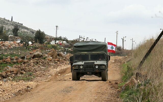 A Lebanese army jeep patrols in the southern Lebanese border village of Sarada after Israeli forces pulled out, on February 19, 2025. (Rabih DAHER / AFP)