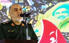 IRGC commander-in-chief Major General Hossein Salami speaks during a memorial service for slain Hezbollah leader Hasssan Nasrallah and his successor Hashem Safieddine at Tehran's Grand Mosque in Iran's capital Tehran on February 23, 2025. (ATTA KENARE / AFP)
