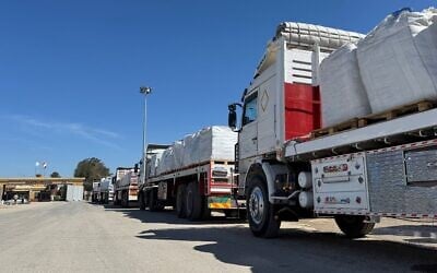 Trucks carrying humanitarian aid line up on the Egyptian side of the Rafah border crossing with the Gaza Strip on March 2, 2025, after Israel suspended the entry of supplies into the Palestinian enclave. (AFP)