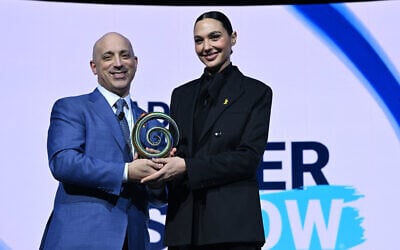 Actress Gal Gadot (right) receives the International Leadership Award from ADL CEO Jonathan Greenblatt at the ADL Never Is Now Summit at the Javits Center on March 4, 2025, in New York City. (Bryan Bedder/Getty Images for Anti-Defamation League/AFP)