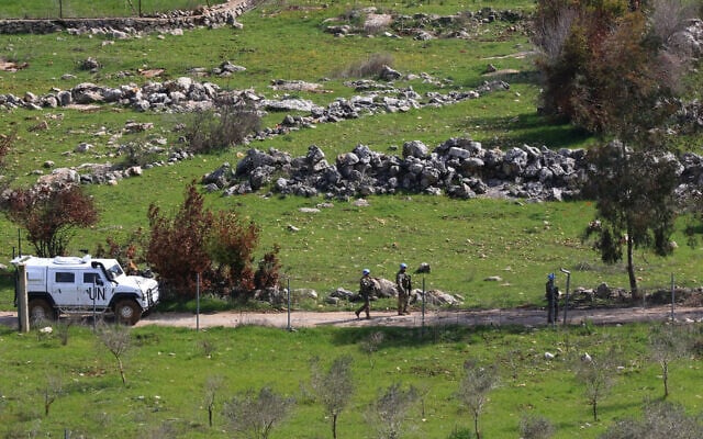 UNIFIL peacekeeping troops patrol the southern Lebanese village of Ramia near the southern border on March 5, 2025. (Mahmoud ZAYYAT / AFP)