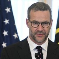 US hostage envoy Adam Boehler speaks during a ceremony at the State Department in Washington on March 6, 2025. (Jim Watson/AFP)
