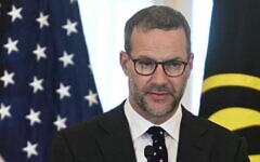 US hostage envoy Adam Boehler speaks during a ceremony at the State Department in Washington on March 6, 2025. (Jim Watson/AFP)
