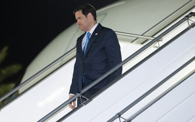 US Secretary of State Marco Rubio disembarks from his plane upon arrival at King Abdulaziz International Airport in Jeddah on March 10, 2025. (SAUL LOEB / POOL / AFP)