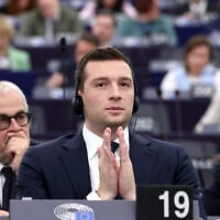 French far-right party Rassemblement National (RN) President and MEP Jordan Bardella listens to speeches as part of the celebrations for International Women's Rights Day, during a plenary session of the European Parliament on March 11, 2025 in Strasbourg, eastern France. (Frederick Florin / AFP)