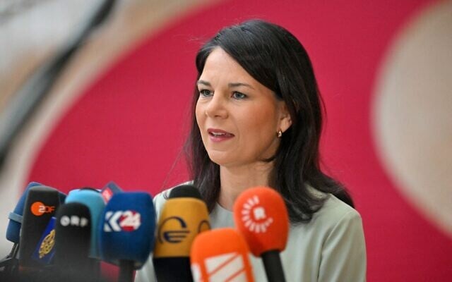 Germany's Foreign Minister Annalena Baerbock addresses media representatives as she arrives for an European Union Foreign Affairs Council Meeting at The Europa Building in Brussels on March 17, 2025. (Photo by NICOLAS TUCAT / AFP) Germany's Foreign Minister Annalena Baerbock addresses media representatives as she arrives for an European Union Foreign Affairs Council Meeting at The Europa Building in Brussels on March 17, 2025. (Photo by NICOLAS TUCAT / AFP)