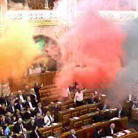 Members of the centrist Momentum Movement party burn flares in protest before a vote on a bill aimed at banning the annual Pride march on March 18, 2025 during the spring session of the Hungarian Parliament. (Attila KISBENEDEK / AFP)
