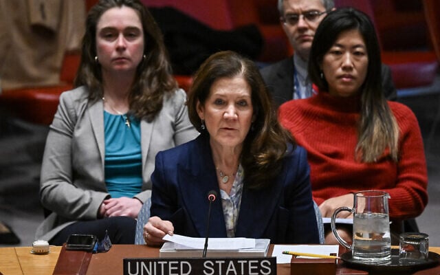 Acting US Ambassador to the UN Dorothy Shea speaks during a United Nations Security Council meeting on Gaza and the Middle East, at UN headquarters in New York City on March 18, 2025. (ANGELA WEISS / AFP) Acting US Ambassador to the UN Dorothy Shea speaks during a United Nations Security Council meeting on Gaza and the Middle East, at UN headquarters in New York City on March 18, 2025. (ANGELA WEISS / AFP)