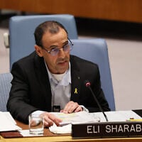 Eli Sharabi, a former hostage, speaks during a United Nations Security Council meeting recounting his time in Hamas captivity in Gaza on March 20, 2025 in New York City. (Michael M. Santiago/Getty Images/AFP)