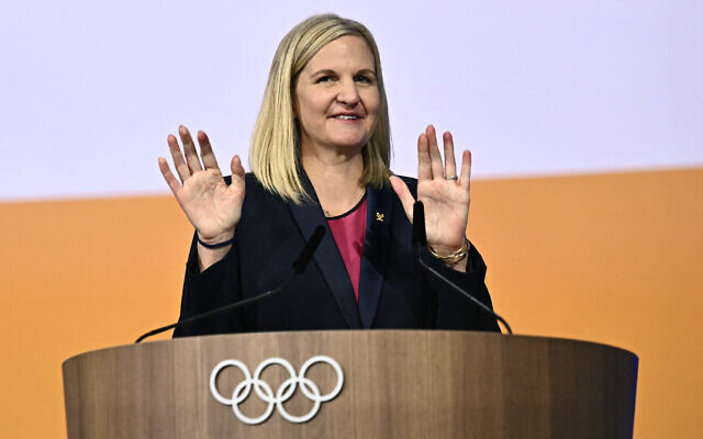 Zimbabwean candidate for the presidency of the International Olympic Committee (IOC) Kirsty Coventry delivers a speech after being elected during the 144th IOC Session on the day of the election of the next President of the International Olympic Committee, in Costa Navarino, Greece on March 20, 2025.  (Photo by Fabrice COFFRINI / AFP)