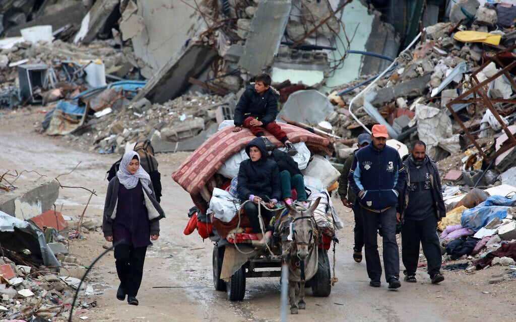 Palestinians use a donkey-pulled cart to transport their belongings as they flee Beit Lahia in the northern Gaza Strip on March 21, 2025. (Bashar Taleb/AFP)