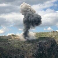 Smoke at the site of reported Israeli artillery shelling of a Hezbollah target in the Lebanese village of Yohmor, in response to earlier rocket fire on Metula, March 22, 2025. (Rabih DAHER / AFP)