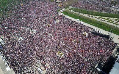This handout photograph taken and released by the Republican People's Party (CHP) press office on March 29, 2025, shows an aerial view of a large crowd gathering during a rally called by the CHP, Turkey's main opposition party, in support of Istanbul's arrested mayor Ekrem Imanoglu in Maltepe, on the outskirts of Istanbul. (HANDOUT / Republican People's Party (CHP) Press Service / AFP)