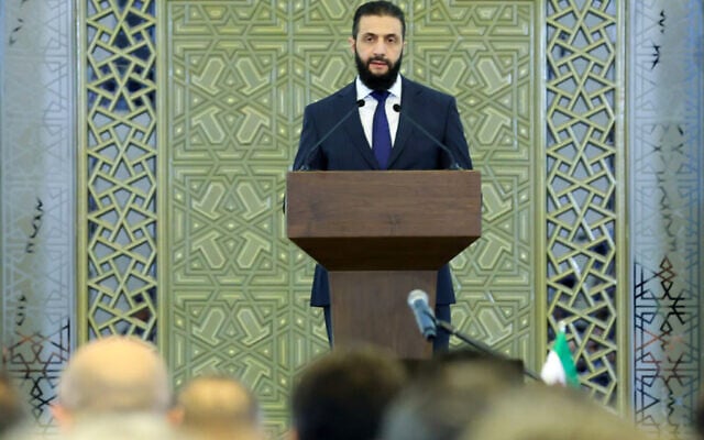 This handout picture released by the Syrian Presidency shows interim President Ahmed Sharaa speaking in Damascus on March 29, 2025. (Syrian Presidency/AFP) This handout picture released by the Syrian Presidency shows interim President Ahmed Sharaa speaking in Damascus on March 29, 2025. (Syrian Presidency/AFP)