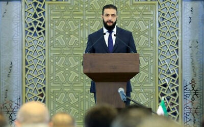 Syrian interim President Ahmed Sharaa speaks in Damascus, Syria, March 29, 2025. (Syrian Presidency/AFP)