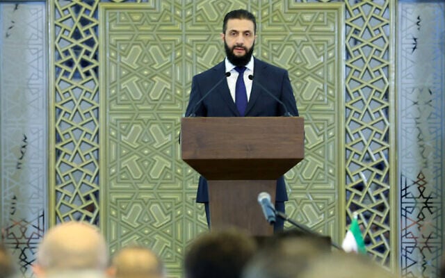 Syrian interim President Ahmed Sharaa speaks in Damascus, Syria, March 29, 2025. (Syrian Presidency/AFP)