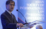 International Court of Justice Judge Yuji Iwasawa delivers a speech during the opening ceremony of the 7th Biennial Conference of the Asian Society of International Law in metropolitan Manila, Philippines, on August 22, 2019. (AP Photo/ Aaron Favila/ File)