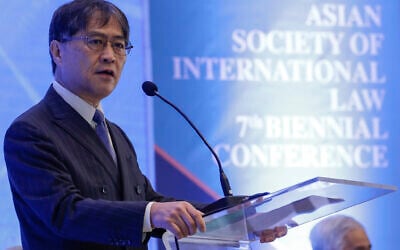 International Court of Justice Judge Yuji Iwasawa delivers a speech during the opening ceremony of the 7th Biennial Conference of the Asian Society of International Law in metropolitan Manila, Philippines, on August 22, 2019. (AP Photo/ Aaron Favila/ File)
