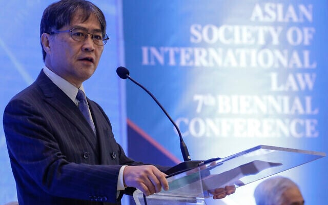 International Court of Justice Judge Yuji Iwasawa delivers a speech during the opening ceremony of the 7th Biennial Conference of the Asian Society of International Law in metropolitan Manila, Philippines, on August 22, 2019. (AP Photo/ Aaron Favila/ File) International Court of Justice Judge Yuji Iwasawa delivers a speech during the opening ceremony of the 7th Biennial Conference of the Asian Society of International Law in metropolitan Manila, Philippines, on August 22, 2019. (AP Photo/ Aaron Favila/ File)