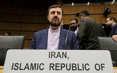 Iran's then-Ambassador to the International Atomic Energy Agency Kazem Gharibabadi waits for the start of the IAEA board of governors meeting at the International Center in Vienna, Austria, November 21, 2019. (AP/Ronald Zak)
