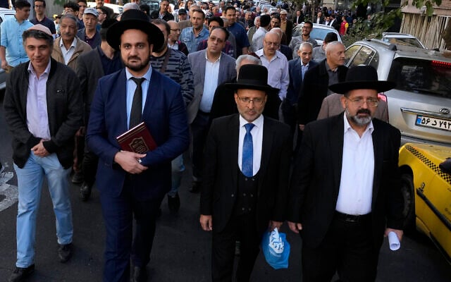 Iranian rabbis and Jewish community members attend an anti-Israel gathering in the wake of the October 7 Hamas-led massacre, in Tehran, Iran, October 30, 2023. (AP Photo/Vahid Salemi) Iranian rabbis and Jewish community members attend an anti-Israel gathering in the wake of the October 7 Hamas-led massacre, in Tehran, Iran, October 30, 2023. (AP Photo/Vahid Salemi)