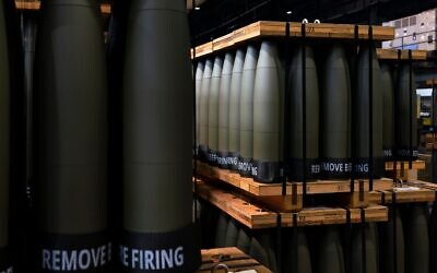 FILE -155 mm M795 artillery projectiles are stored for shipping to other facilities to complete the manufacturing process at the Scranton Army Ammunition Plant in Scranton, Pennsylvania, April 13, 2023. (AP Photo/Matt Rourke, File)