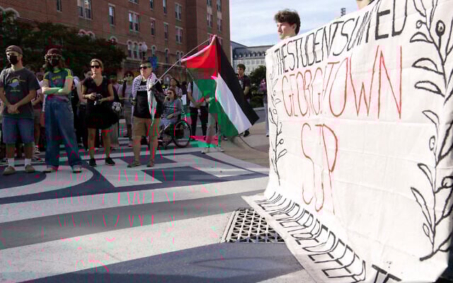 Georgetown University students march around campus as they rally during a anti-Israel, pro-Palestinian demonstration at Georgetown University in Washington, September 4, 2024. (Jose Luis Magana/AP) Georgetown University students march around campus as they rally during a anti-Israel, pro-Palestinian demonstration at Georgetown University in Washington, September 4, 2024. (Jose Luis Magana/AP)