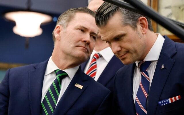White House national security adviser Mike Waltz, left, speaks with Secretary of Defense Pete Hegseth in the Oval Office of the White House in Washington, Feb. 24, 2025. (Ludovic Marin/Pool via AP) White House national security adviser Mike Waltz, left, speaks with Secretary of Defense Pete Hegseth in the Oval Office of the White House in Washington, Feb. 24, 2025. (Ludovic Marin/Pool via AP)