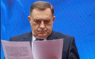 Bosnian Serb President Milorad Dodik in the Bosnian town of Banja Luka, northwest of Sarajevo, February 26, 2025. (Radivoje Pavicic/AP)