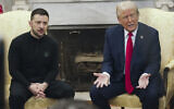 US President Donald Trump, right, meets with Ukrainian President Volodymyr Zelensky in the Oval Office at the White House, in Washington, February 28, 2025. (Mystyslav Chernov/AP)