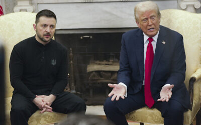 US President Donald Trump, right, meets with Ukrainian President Volodymyr Zelensky in the Oval Office at the White House, in Washington, February 28, 2025. (Mystyslav Chernov/AP)