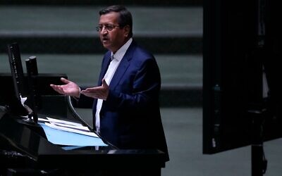 Iranian Finance Minister Abdolnasser Hemmati speaks during an open session of parliament for his impeachment, in Tehran, Iran, March 2, 2025. (AP Photo/Vahid Salemi)