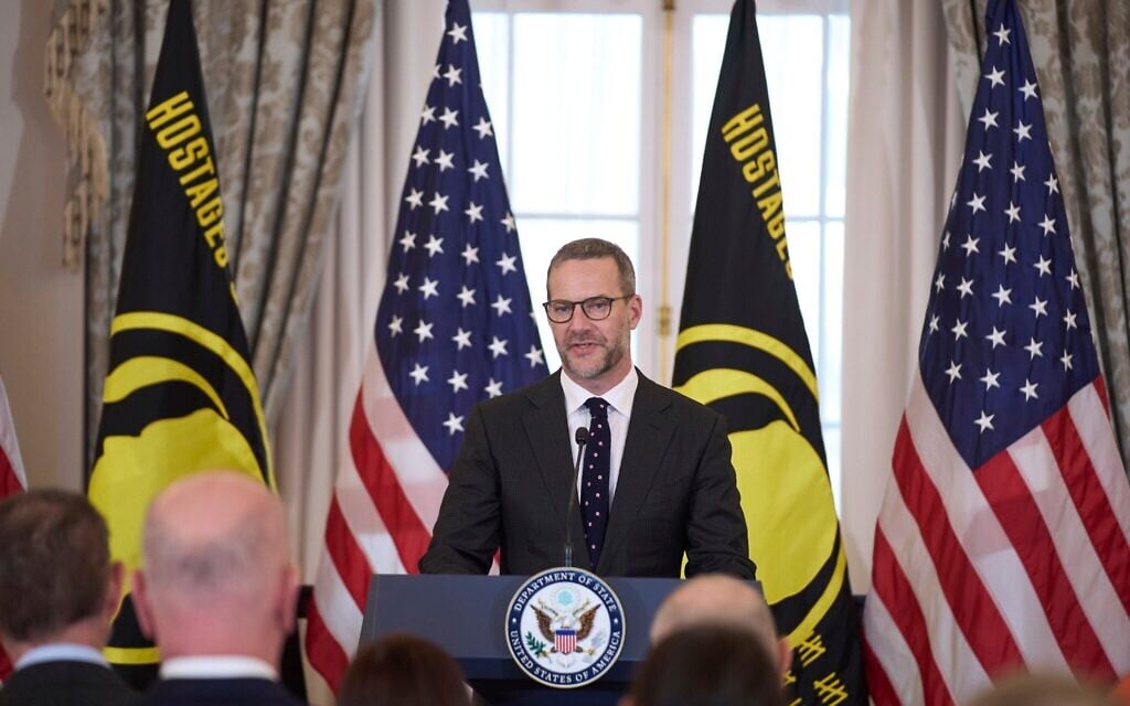 US presidential envoy for hostage affairs Adam Boehler speaks during a ceremony to raise the Hostage and Wrongful Detainee flag at the US State Department in Washington, March 6, 2025. (AP Photo/Evan Vucci)