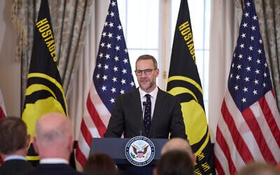 US presidential envoy for hostage affairs Adam Boehler speaks during a ceremony to raise the Hostage and Wrongful Detainee flag at the State Department, Thursday, March 6, 2025, in Washington. (AP Photo/Evan Vucci)