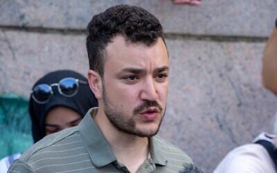 US student negotiator Mahmoud Khalil on the Columbia University campus in New York at an anti-Israel, pro-Palestinian protest encampment on April 29, 2024. (Ted Shaffrey/AP)