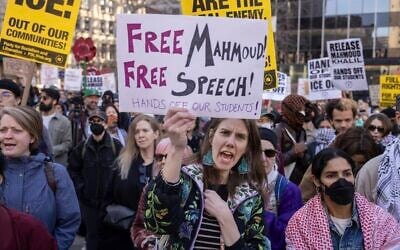 A protester chants during a demonstration in support of anti-Israel, pro-Palestinian activist Mahmoud Khalil, in New York, March 10, 2025. (Yuki Iwamura/AP)