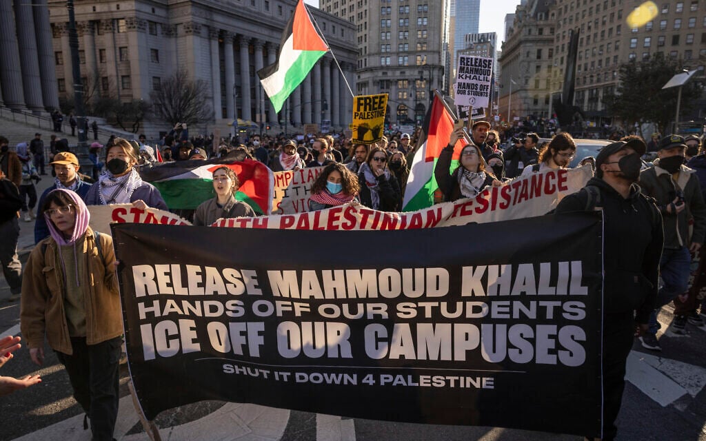 Protesters march during a demonstration in support of Palestinian anti-Israel activist Mahmoud Khalil, March 10, 2025, in New York. (AP Photo/Yuki Iwamura)