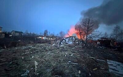 This photo released by Moscow Region Governor Andrei Vorobyev shows the site  where a downed Ukrainian drone fell, outside Moscow, Russia, on March 11, 2025. (Moscow Region Governor Andrei Vorobyev official telegram channel via AP)