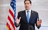 US Secretary of State Marco Rubio speaks to the media during a refueling stop at Shannon Airport in Shannon, Ireland, on March 12, 2025.  (Saul Loeb/Pool Photo via AP)