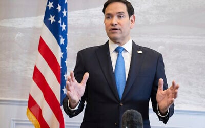 US Secretary of State Marco Rubio speaks to the media during a refueling stop at Shannon Airport in Shannon, Ireland, on March 12, 2025.  (Saul Loeb/Pool Photo via AP)