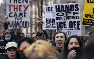 Protesters gather in Foley Square, outside the Manhattan federal court, in support of Mahmoud Khalil, Wednesday, March 12, 2025, in New York. (AP Photo/Stefan Jeremiah)