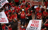 Illustrative: Demonstrators from the anti-Israel Jewish Voice for Peace protest inside Trump Tower in support of Columbia graduate student Mahmoud Khalil, March 13, 2025, in New York. (AP Photo/Yuki Iwamura)