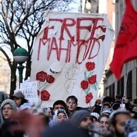 Protesters rally in support of detained Palestinian anti-Israel activist Mahmoud Khalil outside Columbia University in New York on March 14, 2025. (AP Photo/Jason DeCrow)
