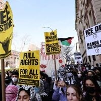Protesters rally in support of detained anti-Israel Palestinian activist Mahmoud Khalil outside Columbia University in New York on March 14, 2025. (AP Photo/Jason DeCrow)