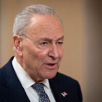 Senate Democratic Leader Chuck Schumer gives a television interview, at the Capitol in Washington, March 14, 2025. (AP Photo/Ben Curtis)