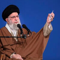 Supreme Leader Ayatollah Ali Khamenei speaks to a group of people and officials in Tehran, Iran, on March 21, 2025. (Office of the Iranian Supreme Leader via AP)