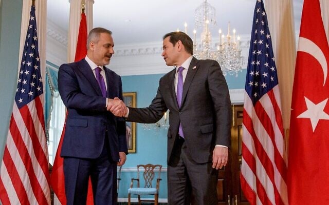 US Secretary of State Marco Rubio, right, shakes the hand of Turkish Foreign Minister Hakan Fidan, left, at the State Department, March 25, 2025, in Washington. (AP Photo/Rod Lamkey, Jr.) US Secretary of State Marco Rubio, right, shakes the hand of Turkish Foreign Minister Hakan Fidan, left, at the State Department, March 25, 2025, in Washington. (AP Photo/Rod Lamkey, Jr.)