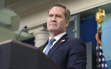 White House National Security Adviser Mike Waltz listens to a question from a reporter in the James Brady Press Briefing Room at the White House in Washington, February 20, 2025. (Alex Brandon/AP)